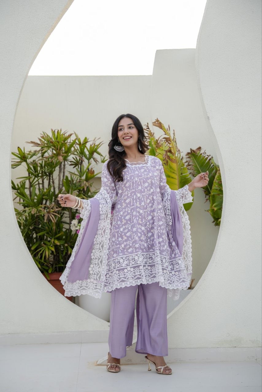 Lavender Mal Embroidey Sequnce Work Kurti Set