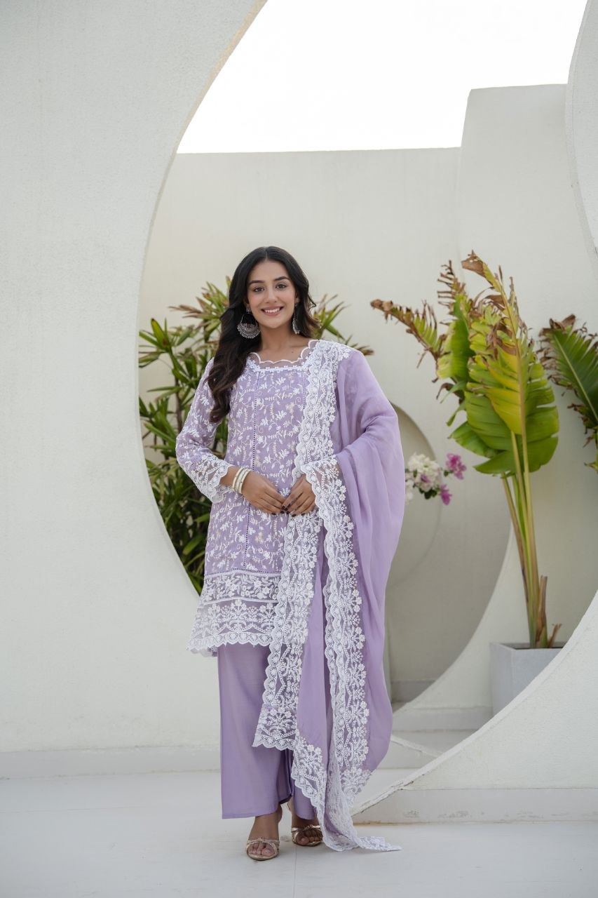 Lavender Mal Embroidey Sequnce Work Kurti Set