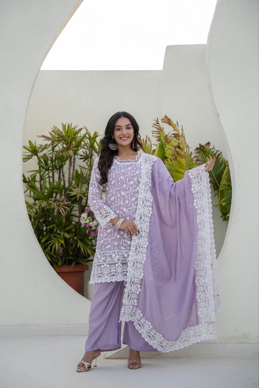 Lavender Mal Embroidey Sequnce Work Kurti Set