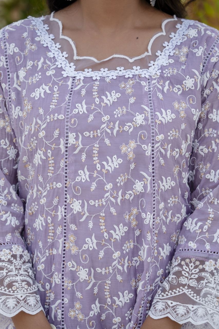 Lavender Mal Embroidey Sequnce Work Kurti Set