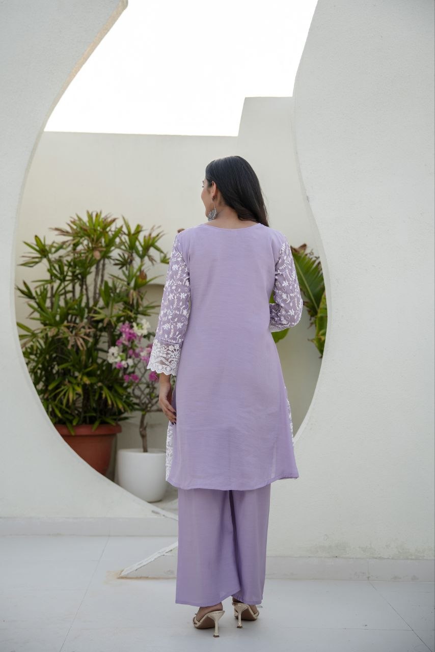 Lavender Mal Embroidey Sequnce Work Kurti Set