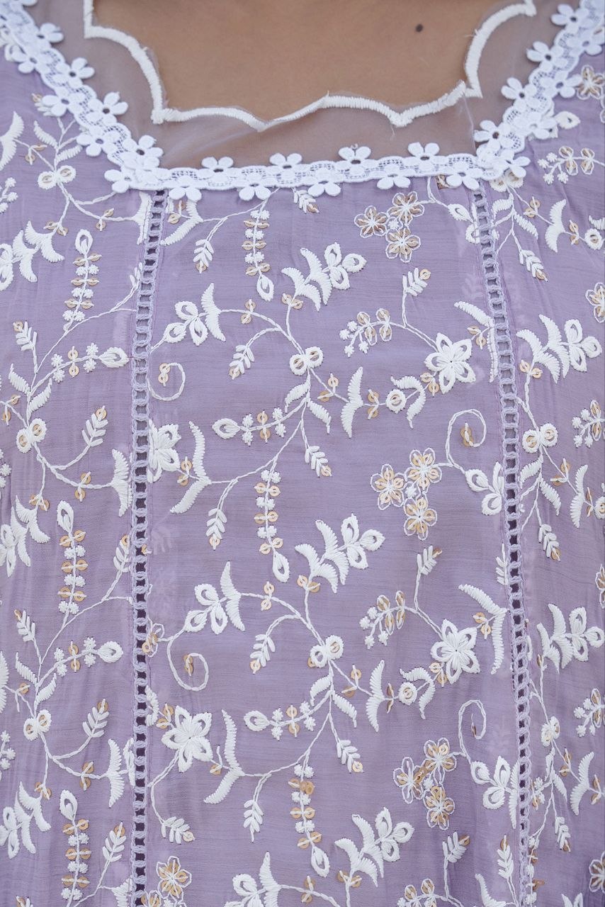 Lavender Mal Embroidey Sequnce Work Kurti Set