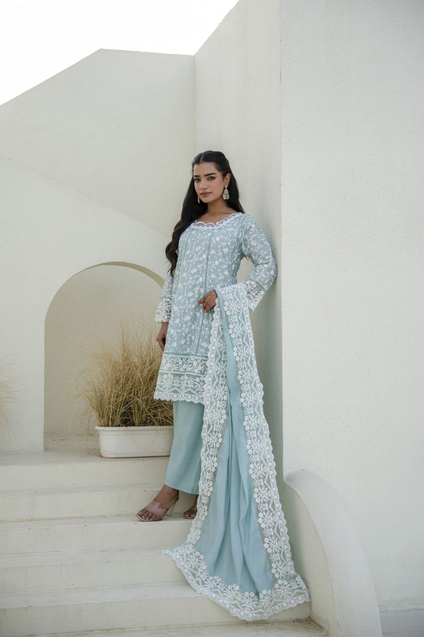 Sky Mal Embroidey Sequnce Work Kurti Set