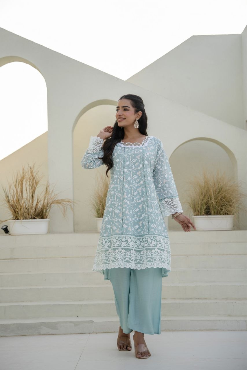 Sky Mal Embroidey Sequnce Work Kurti Set
