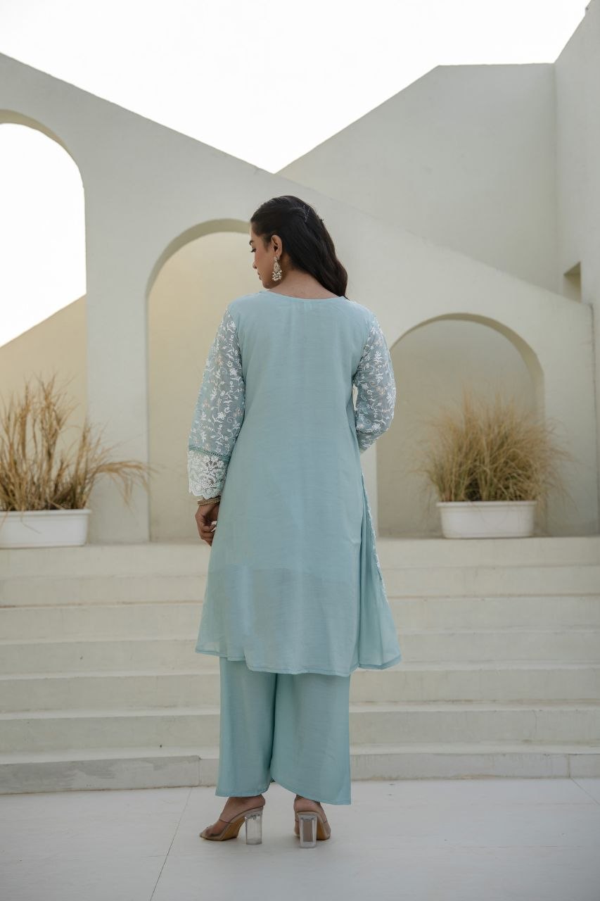 Sky Mal Embroidey Sequnce Work Kurti Set