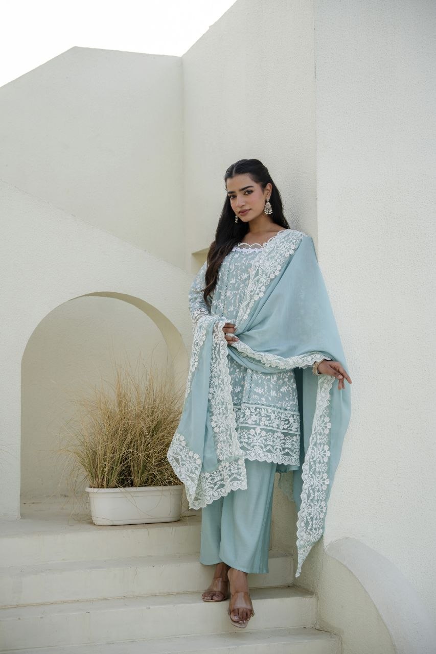 Sky Mal Embroidey Sequnce Work Kurti Set
