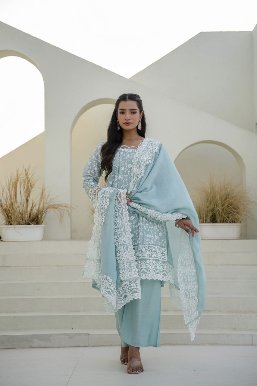 Sky Mal Embroidey Sequnce Work Kurti Set