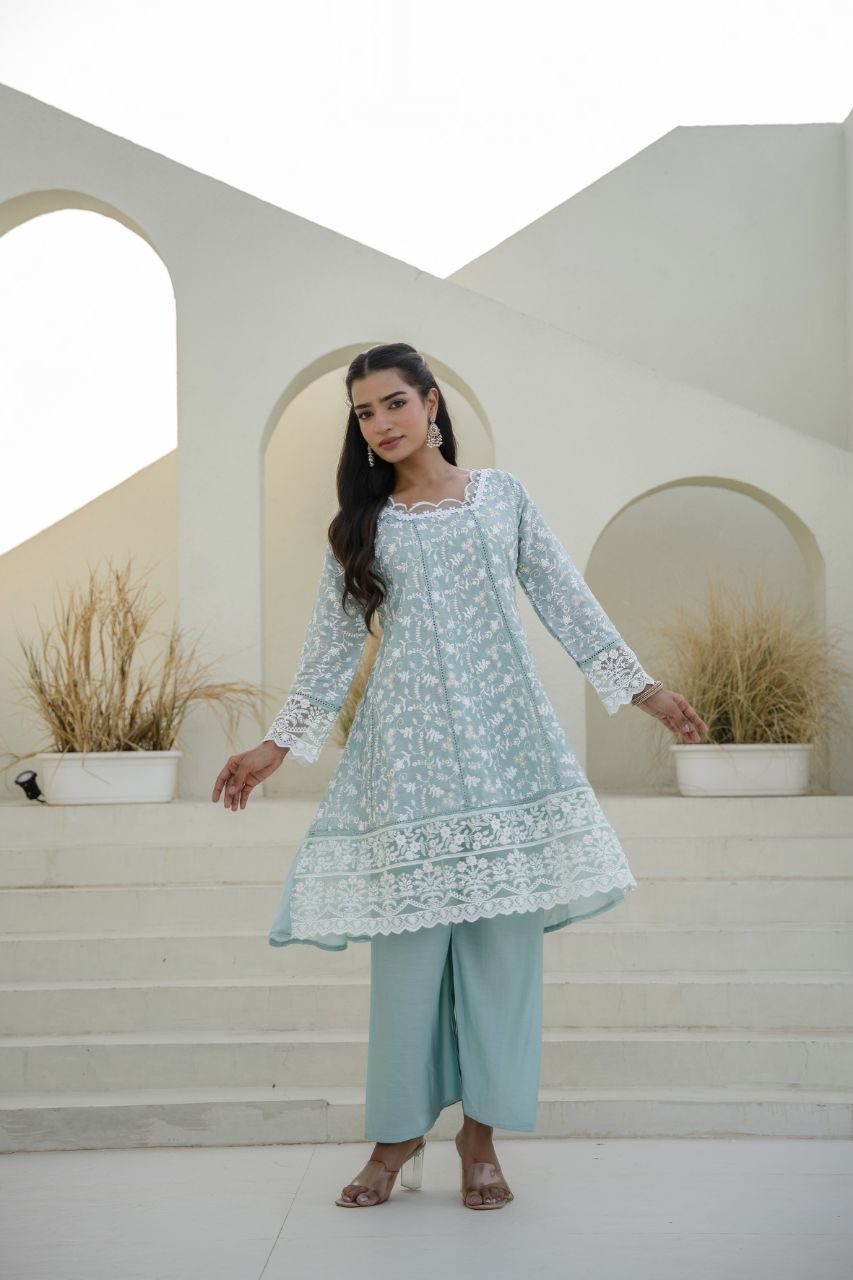 Sky Mal Embroidey Sequnce Work Kurti Set