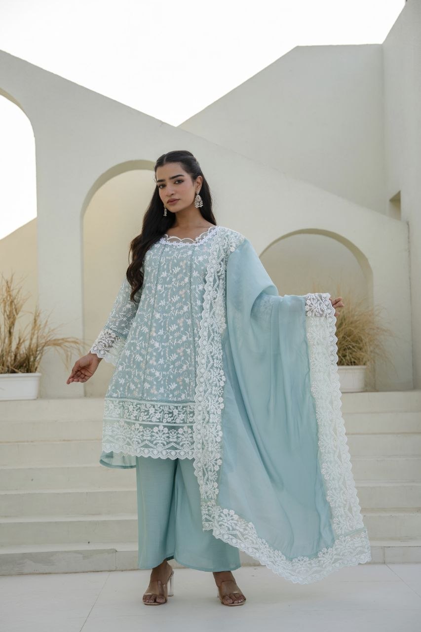 Sky Mal Embroidey Sequnce Work Kurti Set