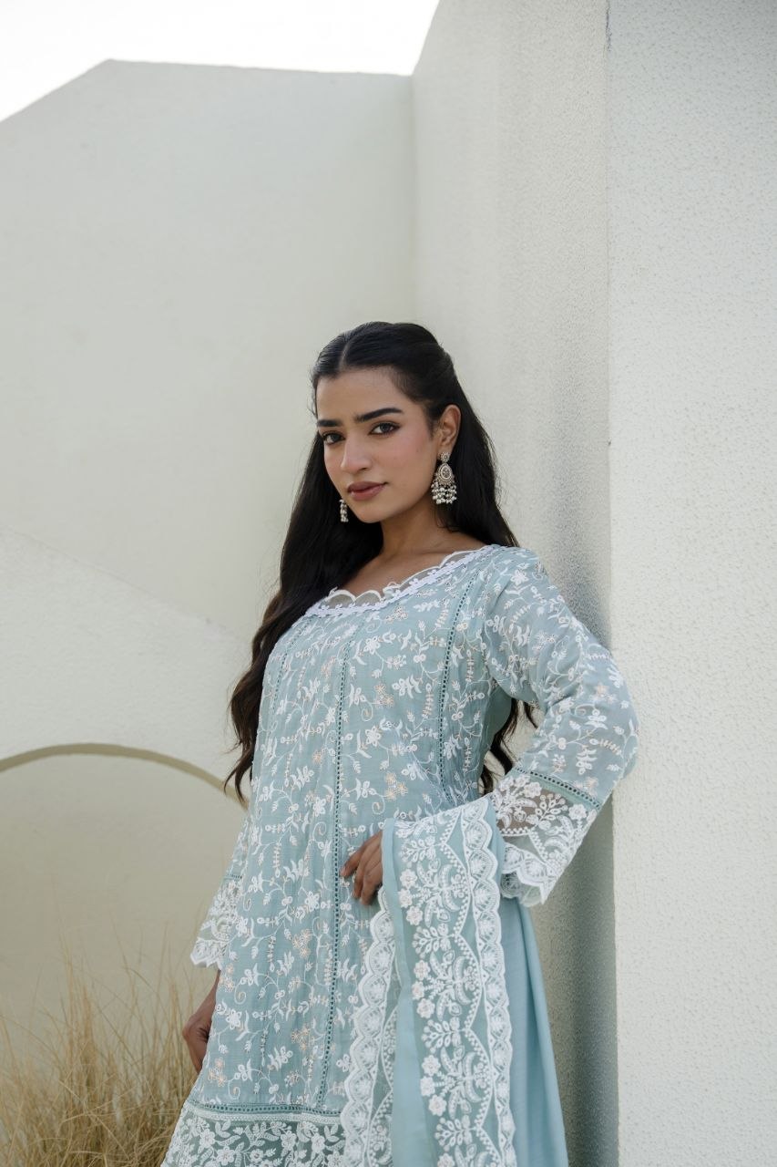 Sky Mal Embroidey Sequnce Work Kurti Set