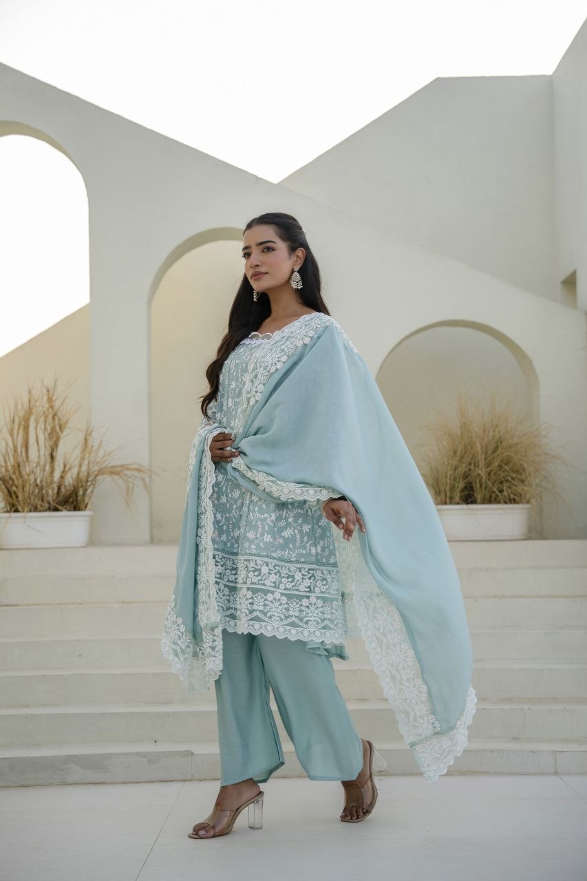 Sky Mal Embroidey Sequnce Work Kurti Set