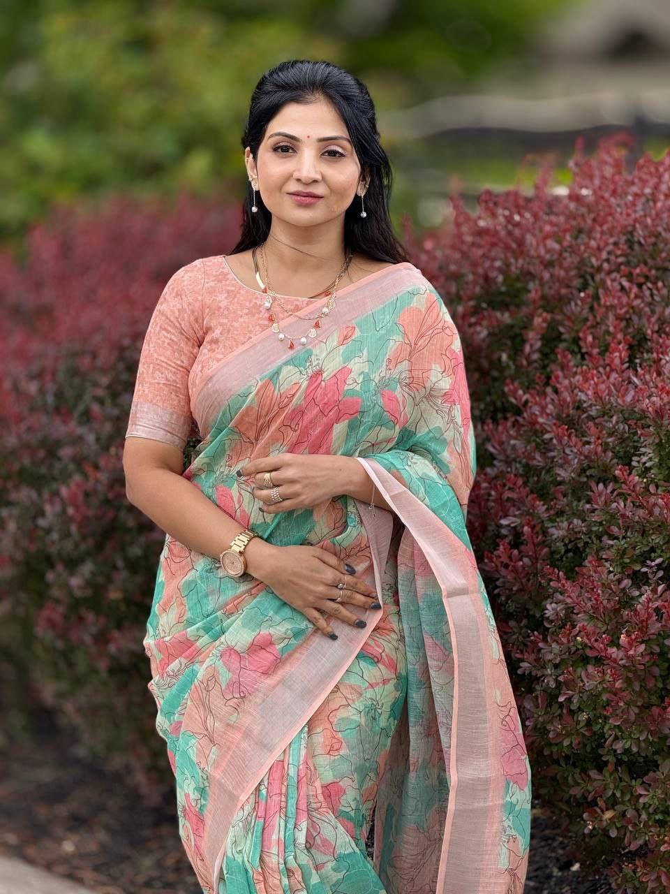 Multi Digital Printed Soft Linen Saree