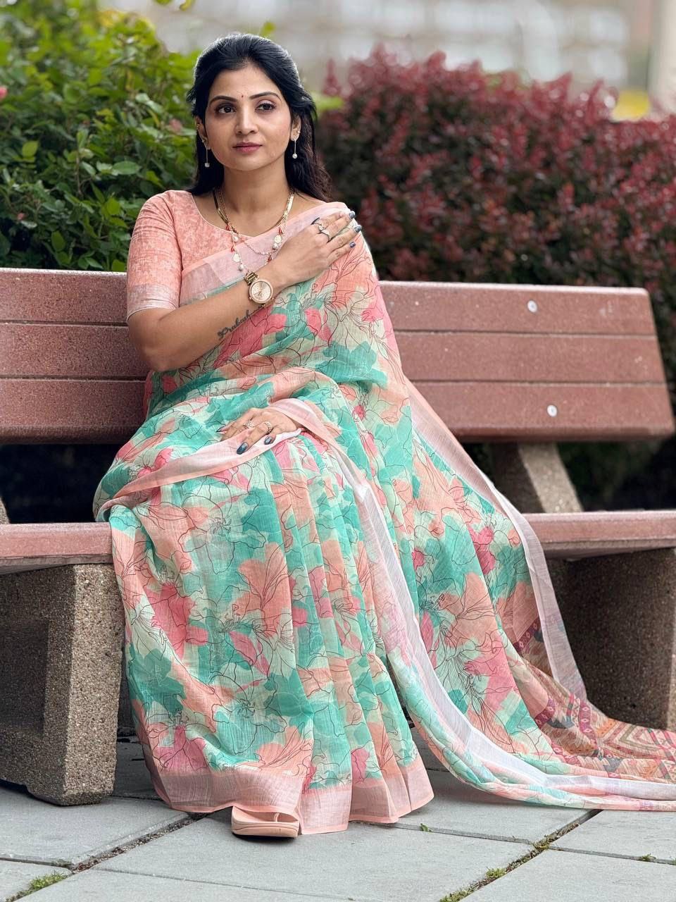 Multi Digital Printed Soft Linen Saree