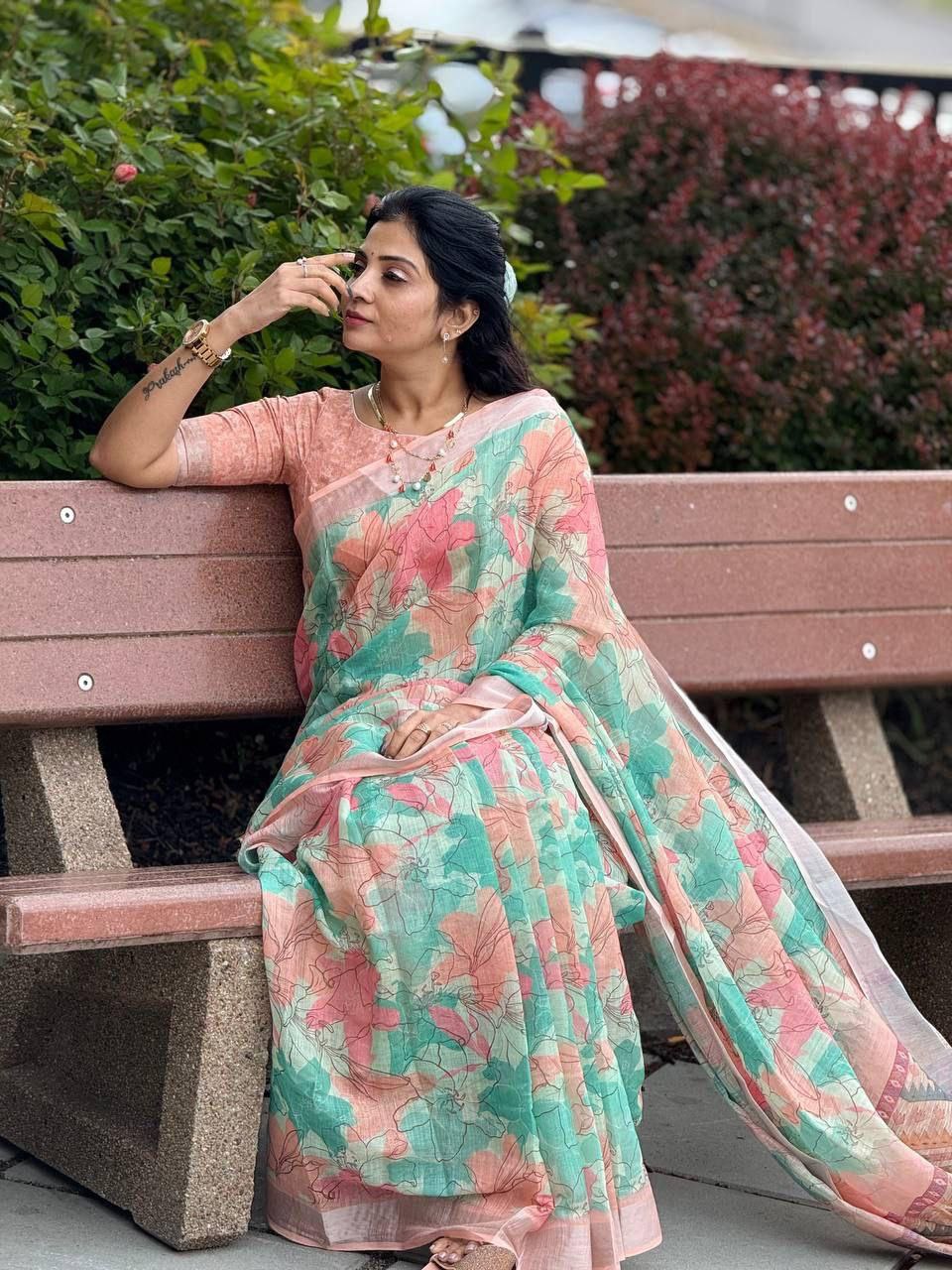 Multi Digital Printed Soft Linen Saree