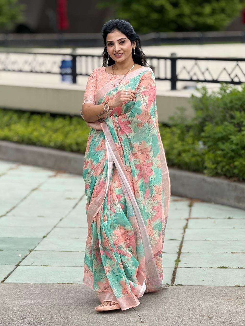 Multi Digital Printed Soft Linen Saree