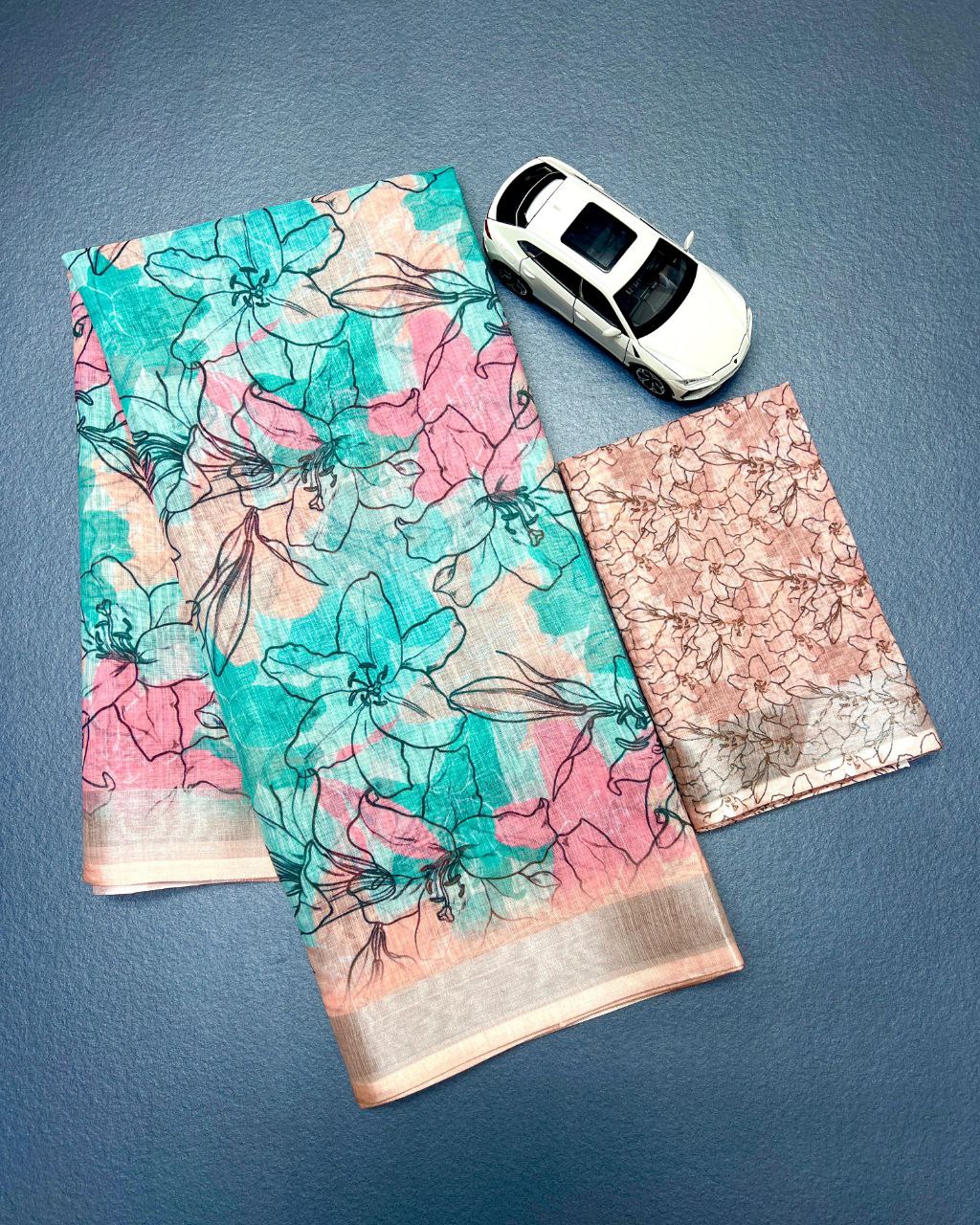 Multi Digital Printed Soft Linen Saree