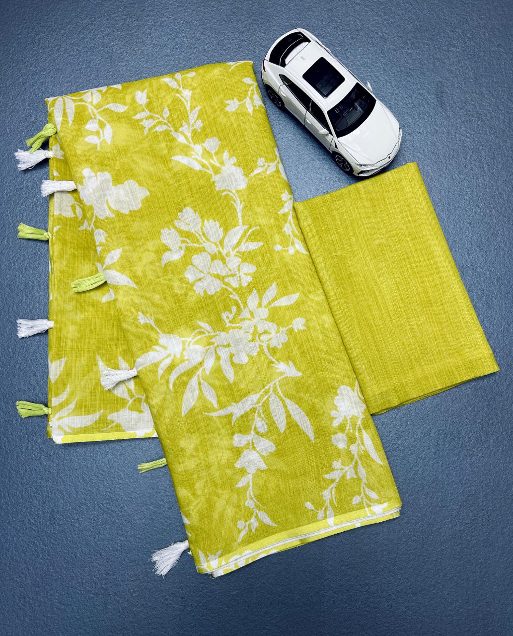 Green Soft Linen Digital Printed Saree