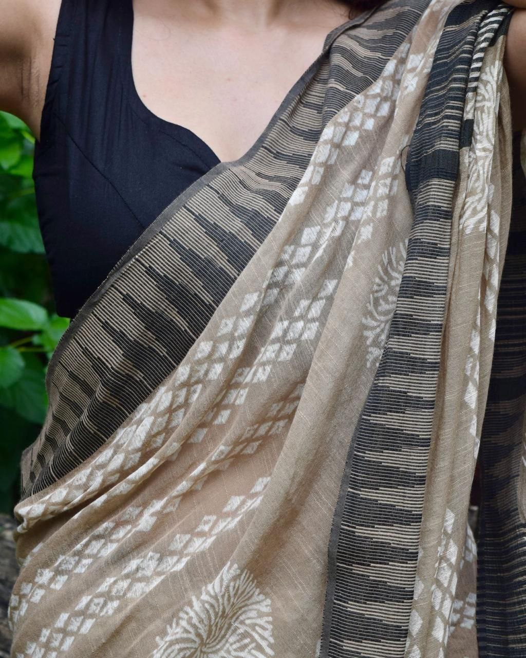 Beige Plain Soft Linen Digital Printed Sraee