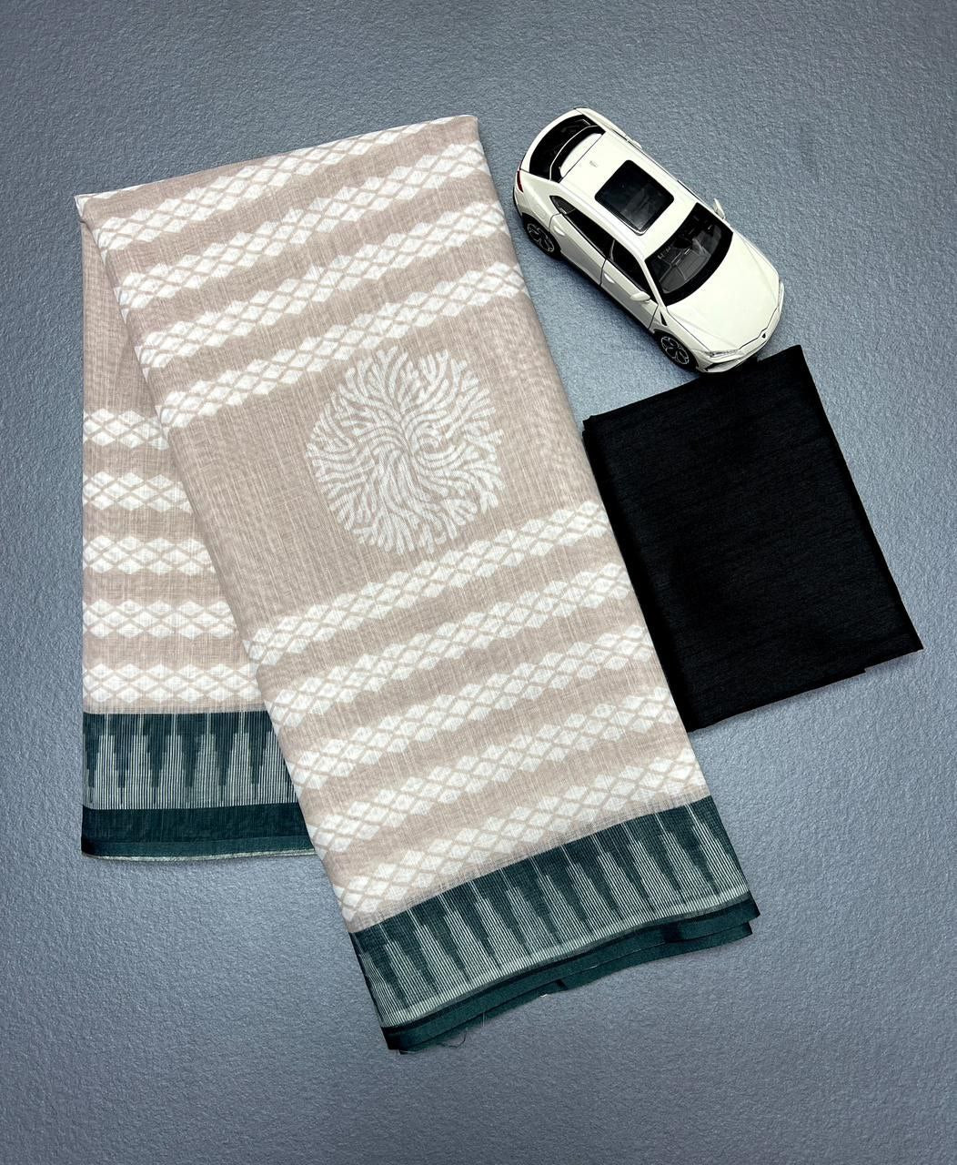 Beige Plain Soft Linen Digital Printed Sraee