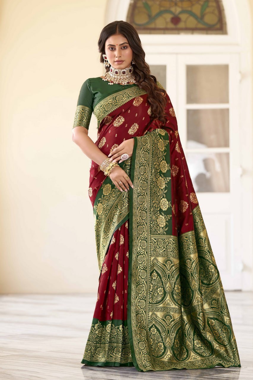 Dark Green And Maroon Banarasi Soft Silk Saree