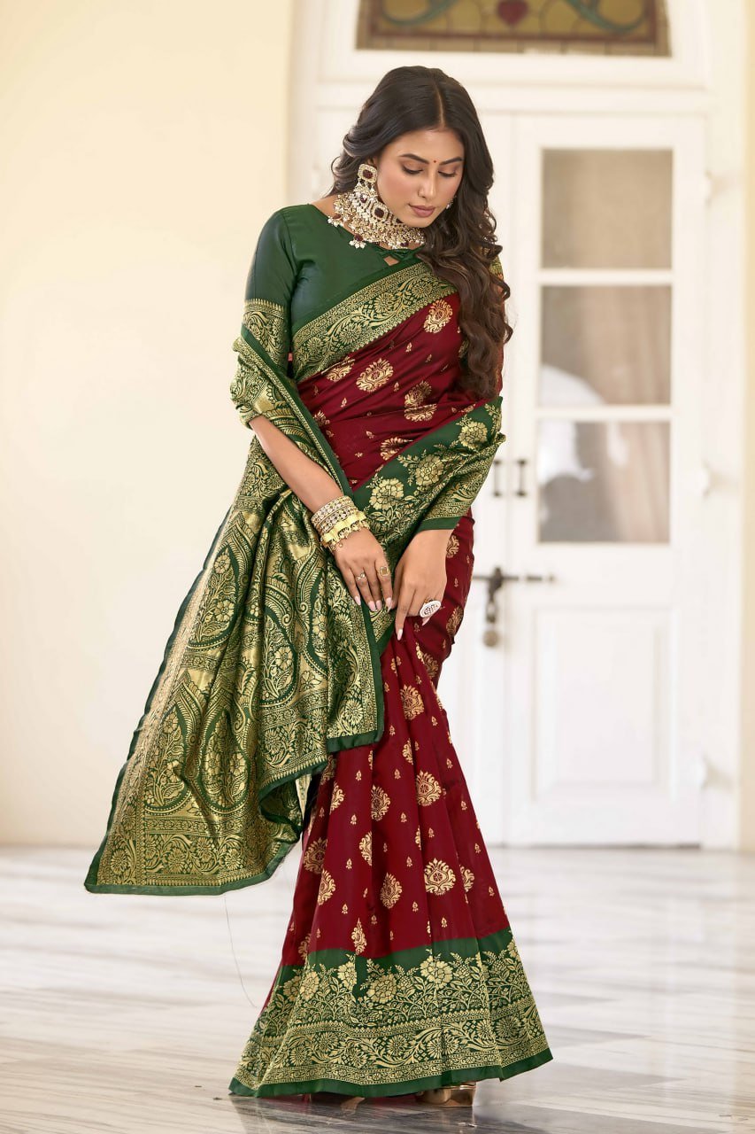 Dark Green And Maroon Banarasi Soft Silk Saree