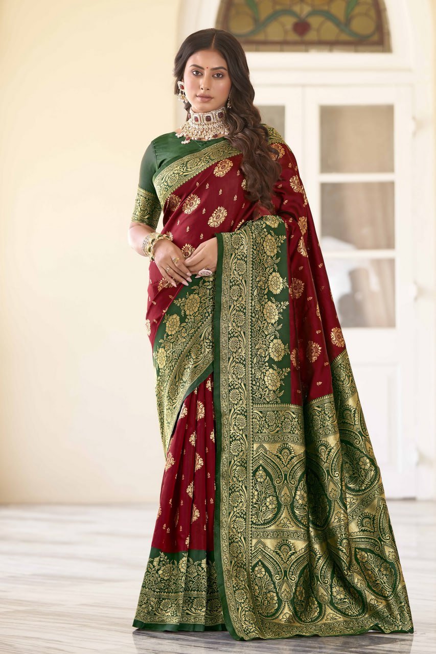 Dark Green And Maroon Banarasi Soft Silk Saree