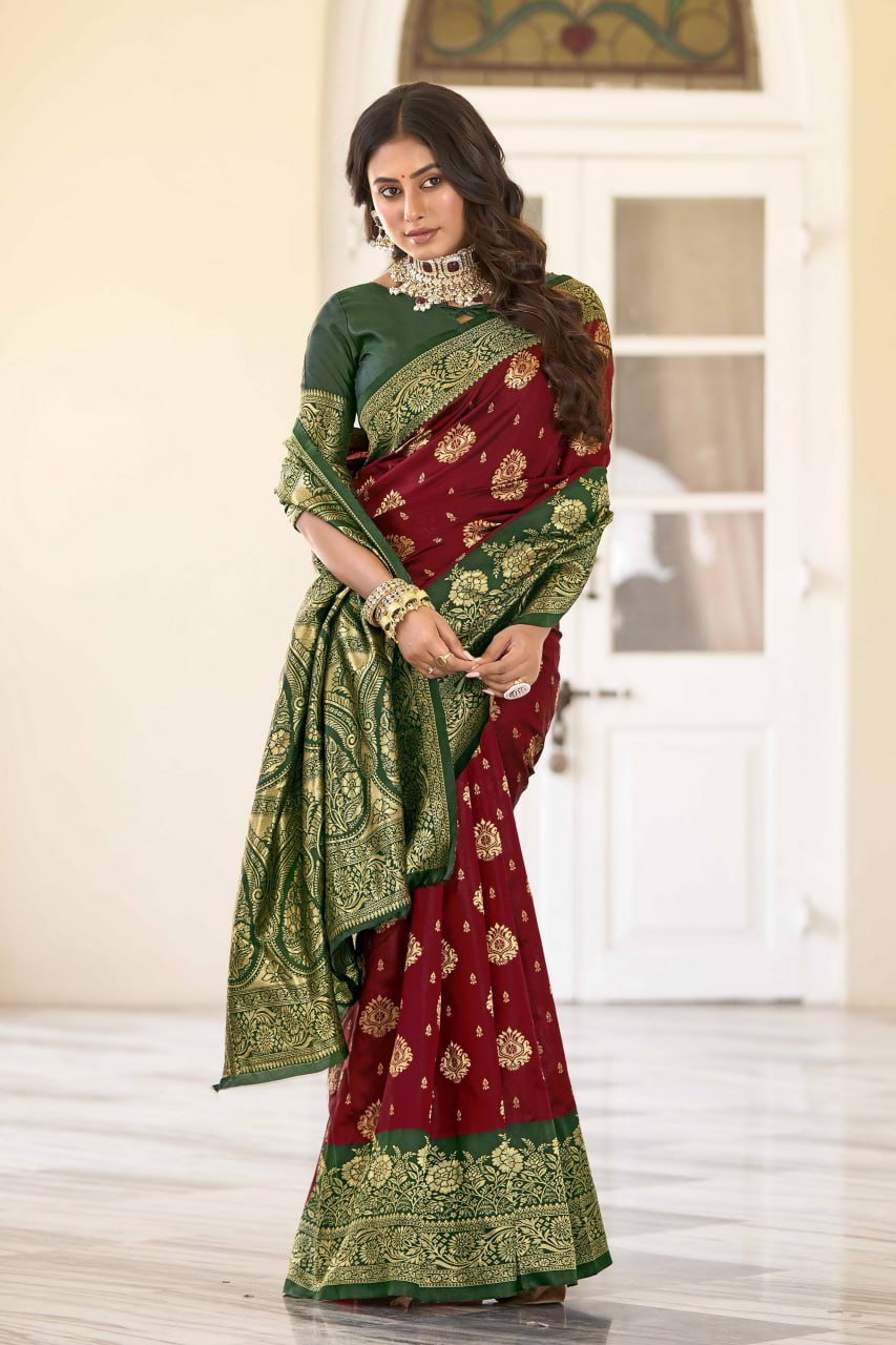 Dark Green And Maroon Banarasi Soft Silk Saree