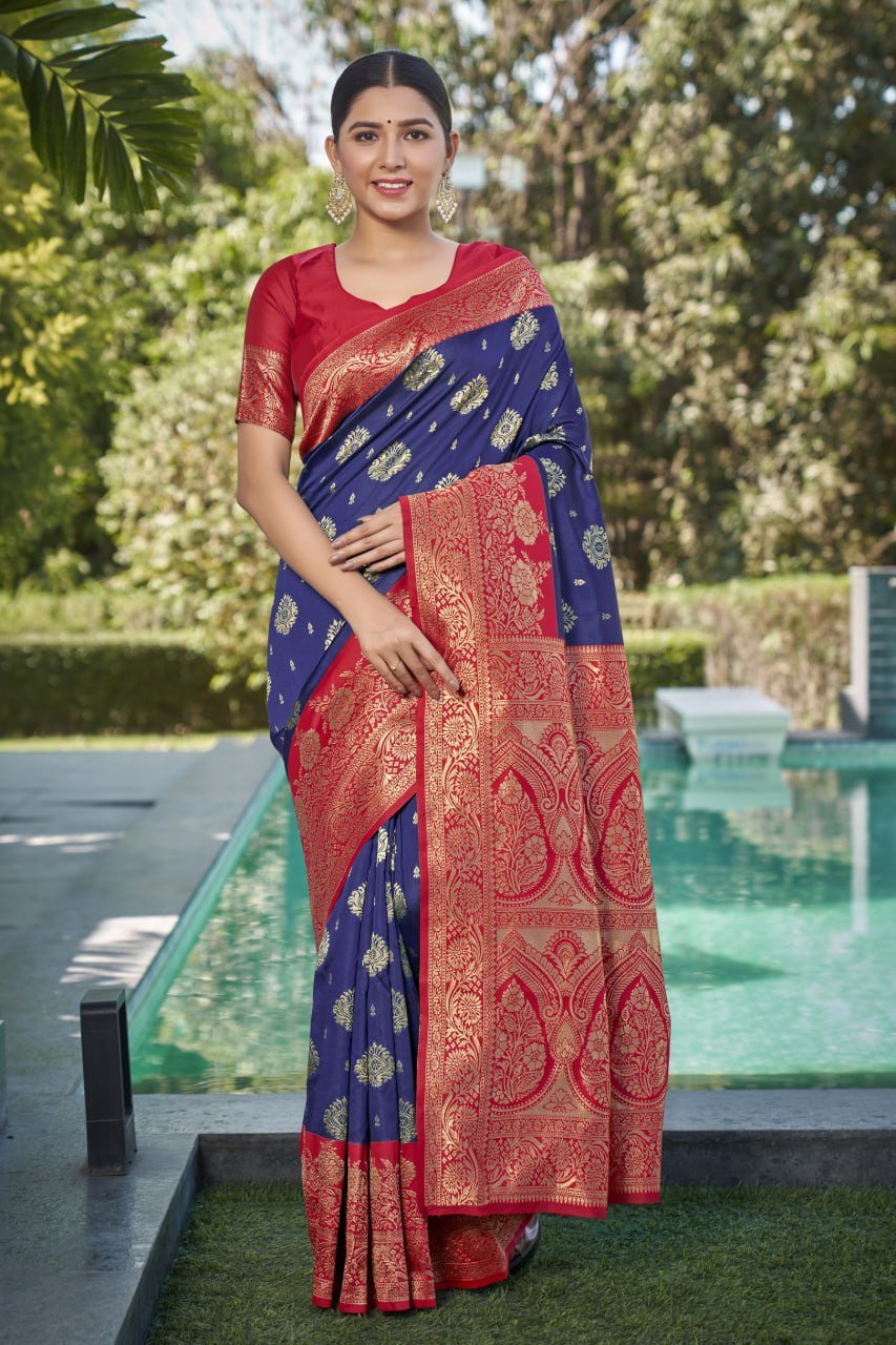 Blue And Red Banarasi Soft Silk Saree