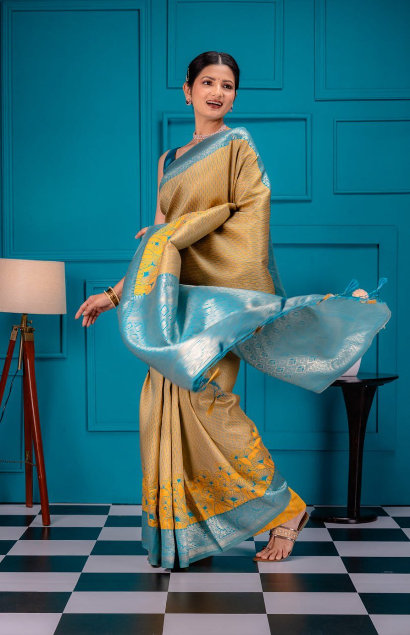 Sky Blue And Golden Banarasi Soft Silk Saree