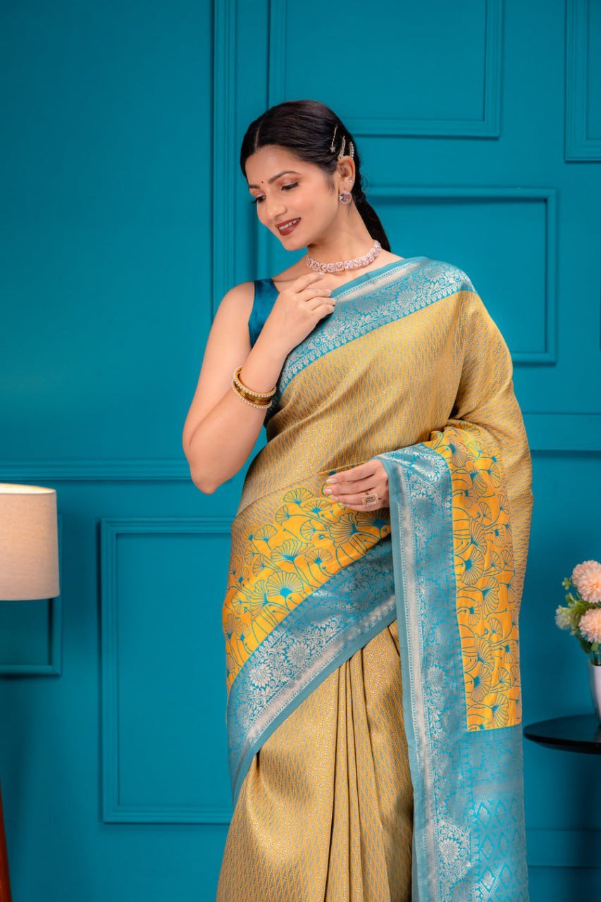 Sky Blue And Golden Banarasi Soft Silk Saree