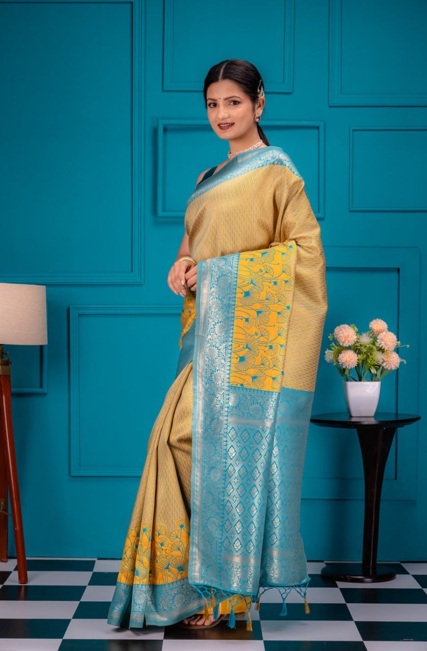 Sky Blue And Golden Banarasi Soft Silk Saree
