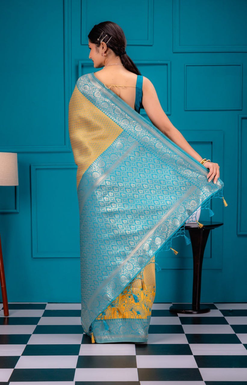 Sky Blue And Golden Banarasi Soft Silk Saree