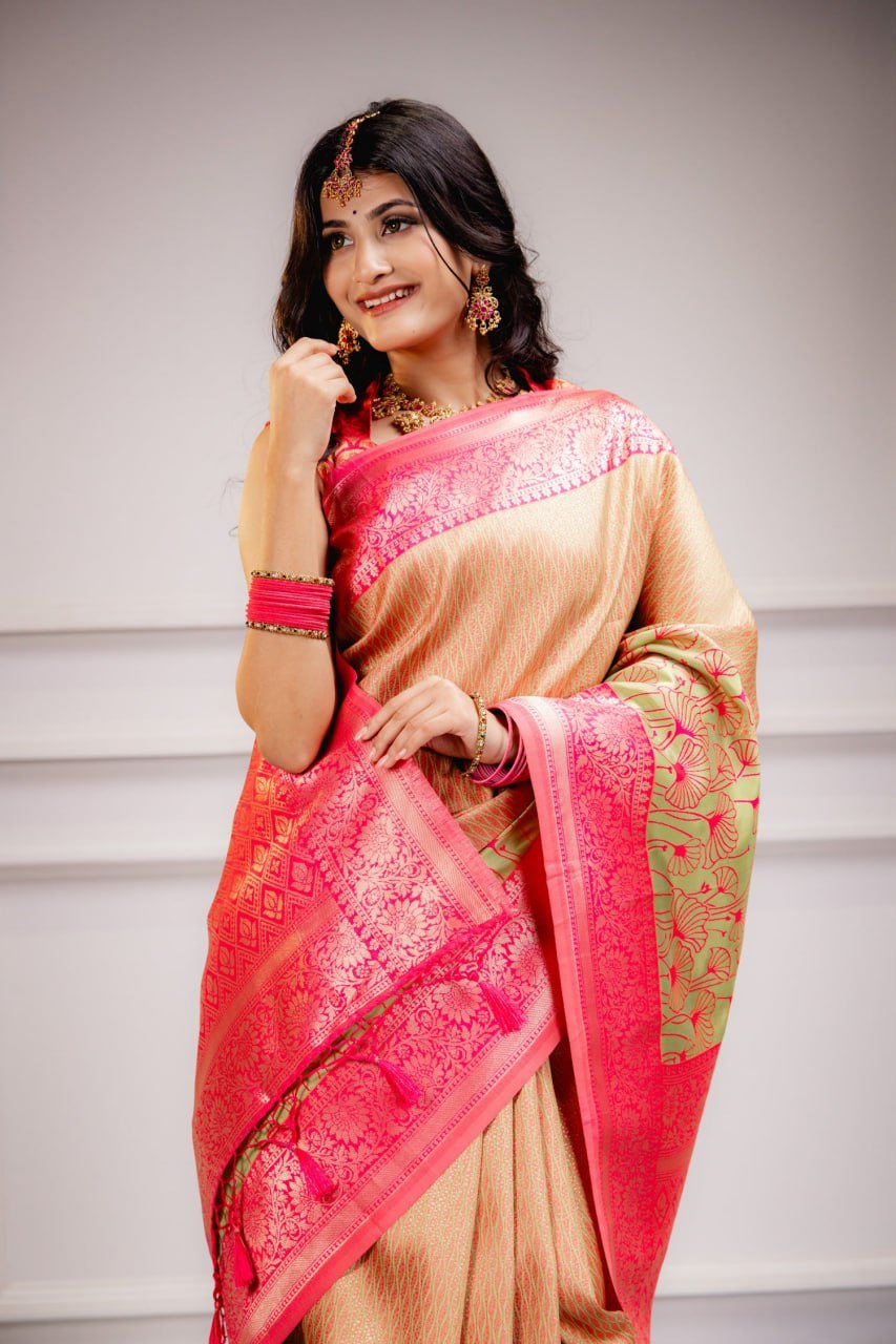 Pink And Golden Banarasi Soft Silk Saree