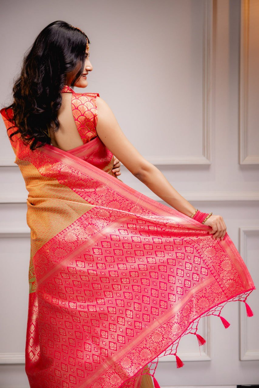 Pink And Golden Banarasi Soft Silk Saree