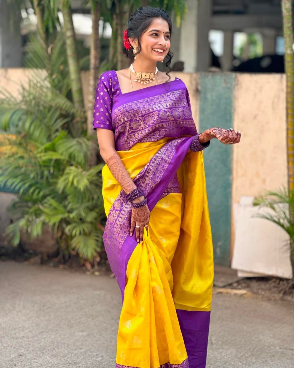 Yellow And Purple Banarasi Soft Silk Saree
