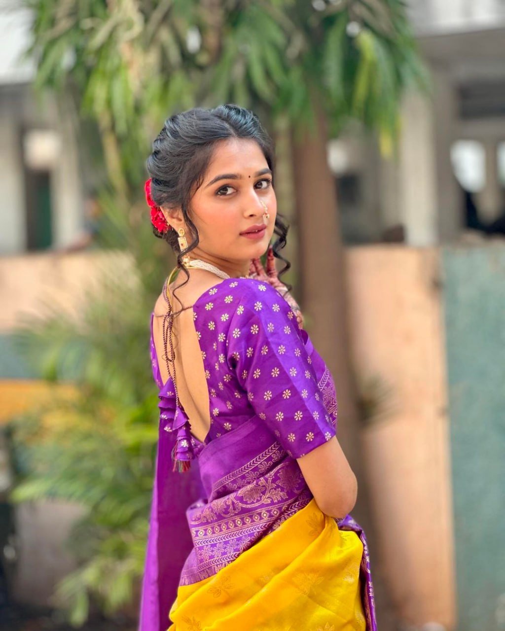 Yellow And Purple Banarasi Soft Silk Saree