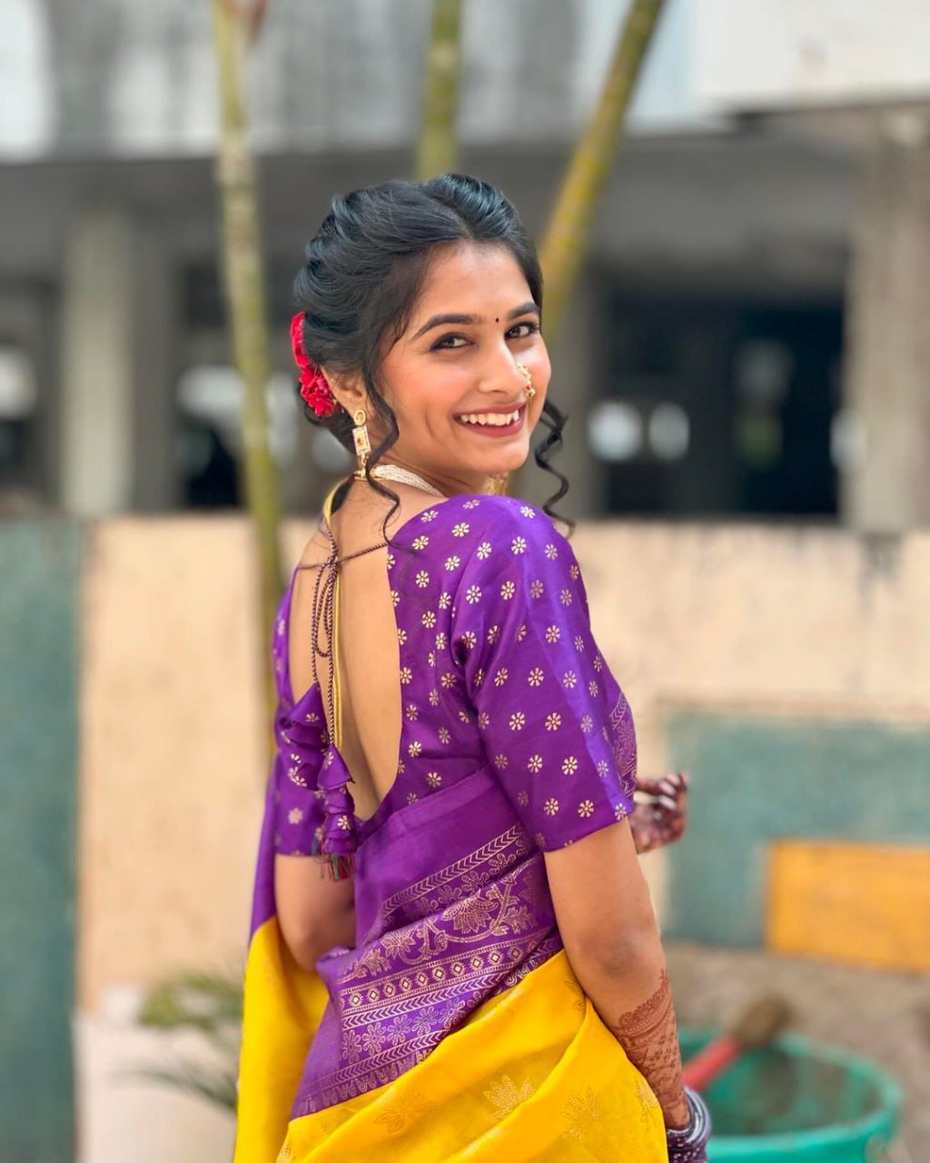 Yellow And Purple Banarasi Soft Silk Saree