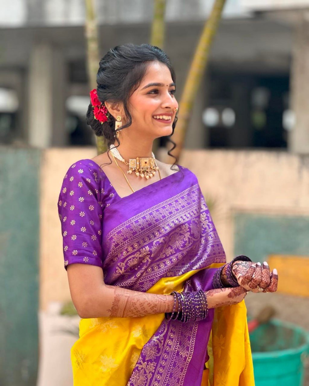 Yellow And Purple Banarasi Soft Silk Saree