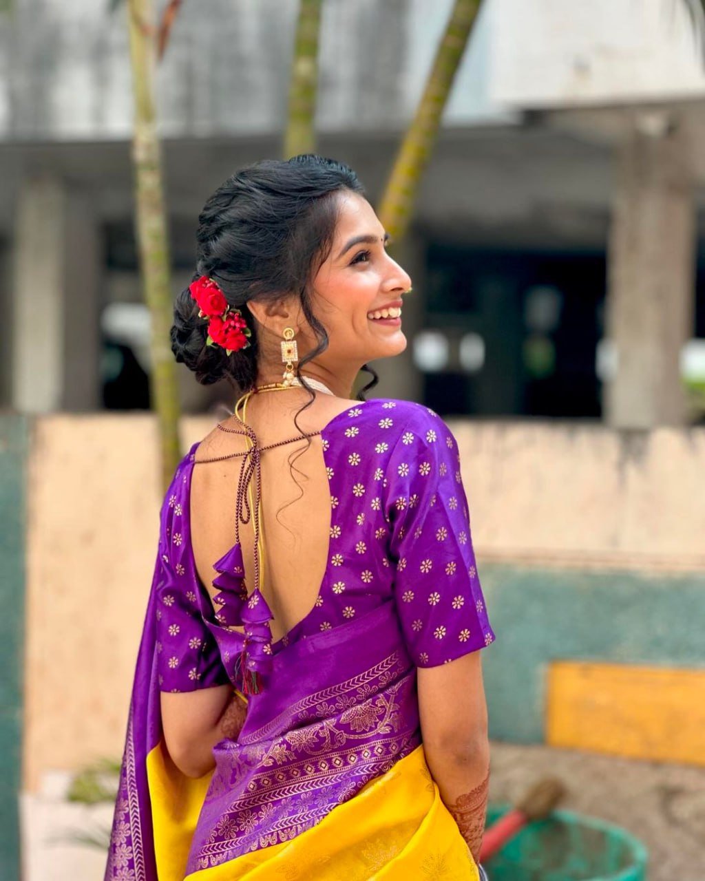 Yellow And Purple Banarasi Soft Silk Saree