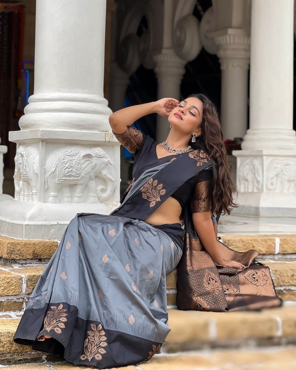 Grey Banarasi Soft Silk Saree