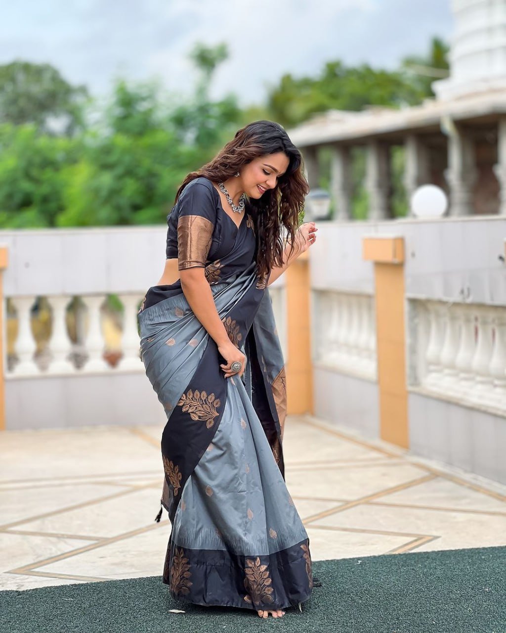 Grey Banarasi Soft Silk Saree