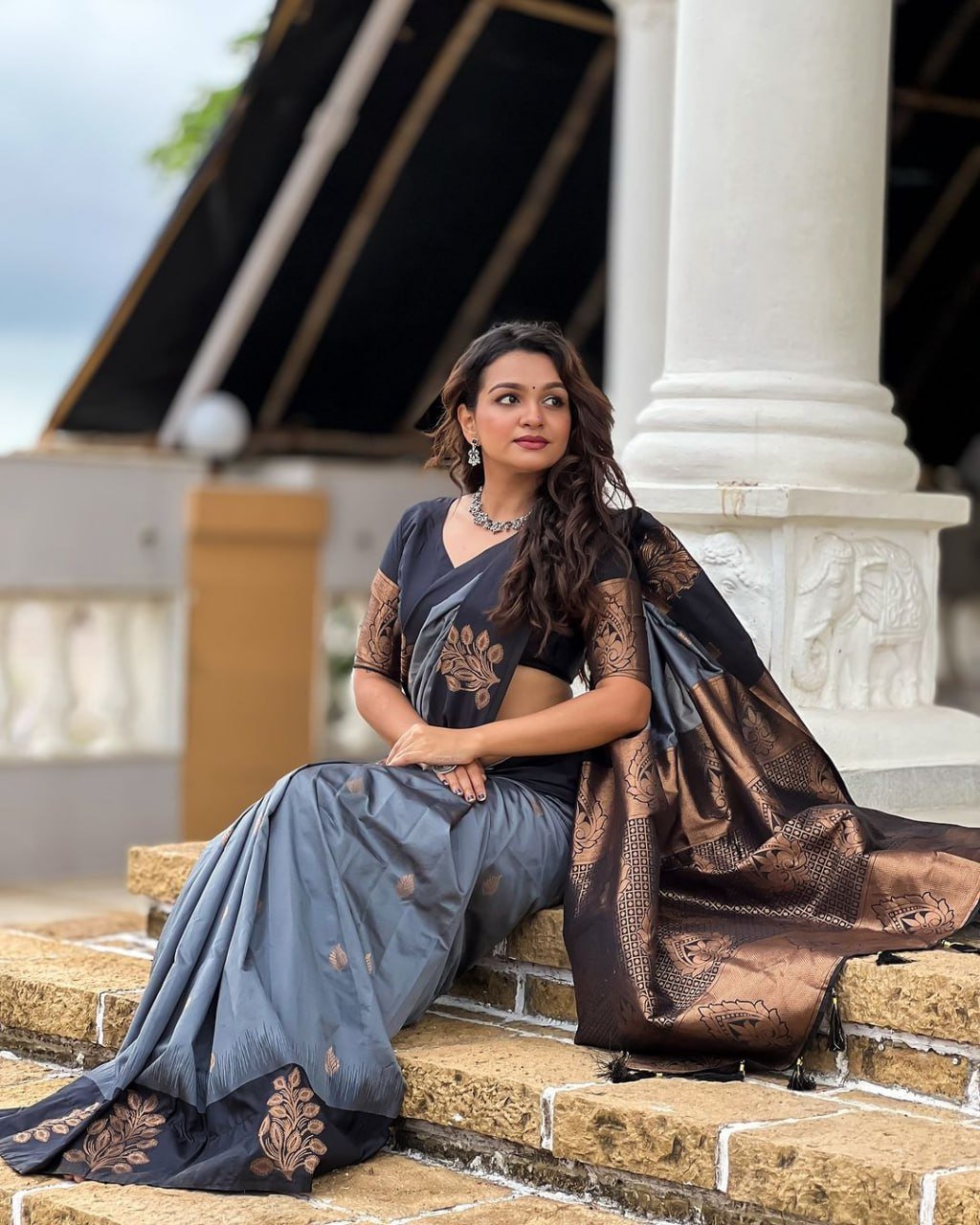 Grey Banarasi Soft Silk Saree