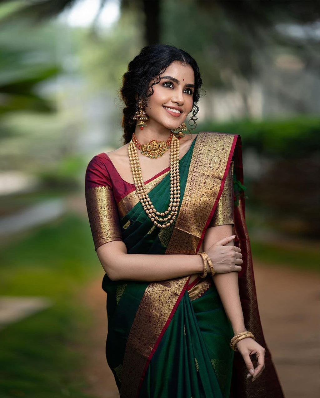Golden And Dark Green Banarasi Soft Silk Saree