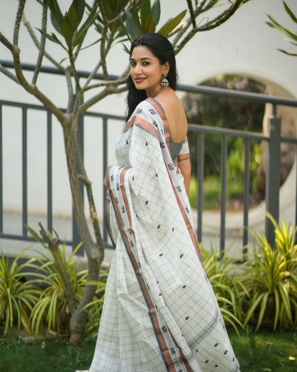White And Grey Banarasi Soft Silk Saree