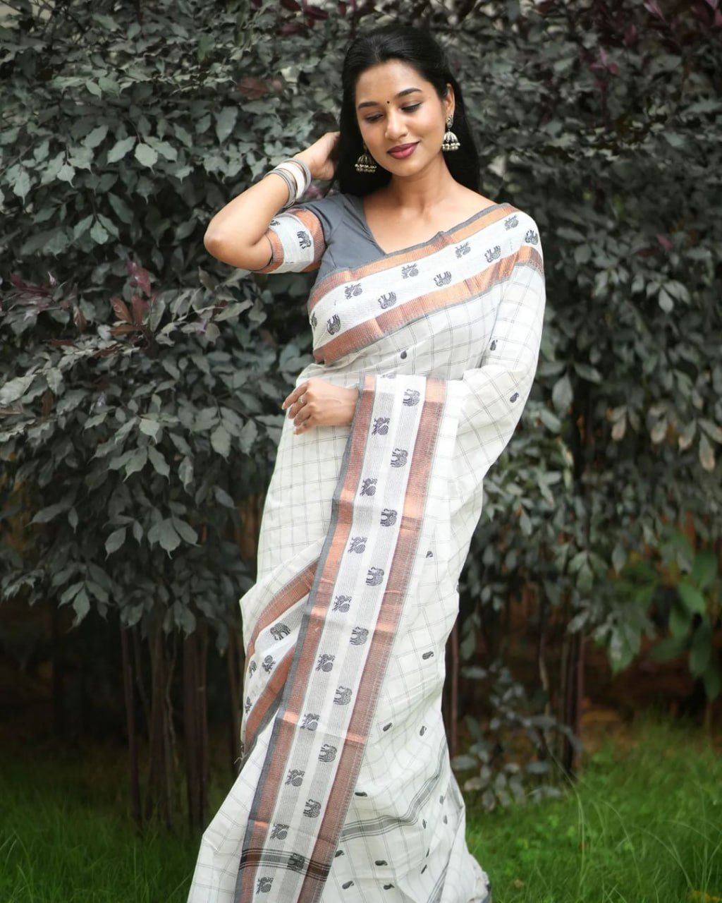 White And Grey Banarasi Soft Silk Saree