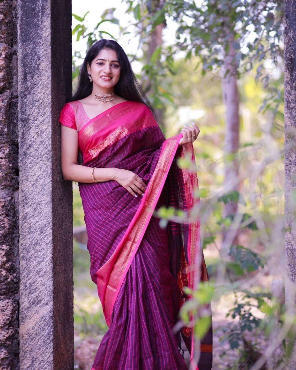 Pink And Purple Banarasi Soft Silk Saree