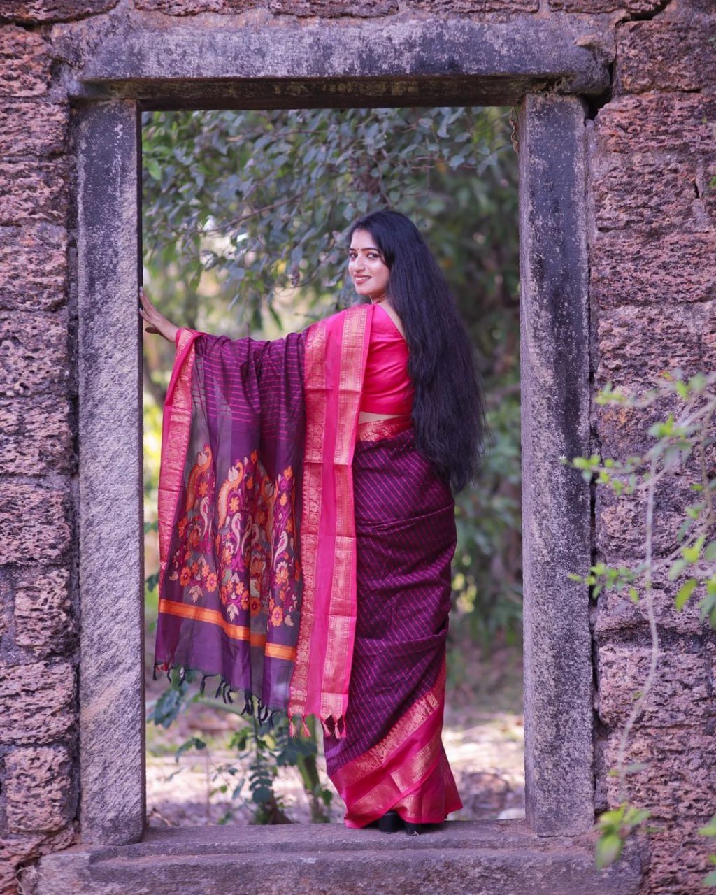 Pink And Purple Banarasi Soft Silk Saree