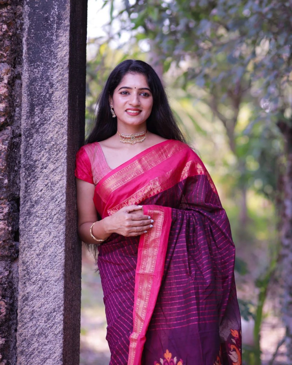 Pink And Purple Banarasi Soft Silk Saree