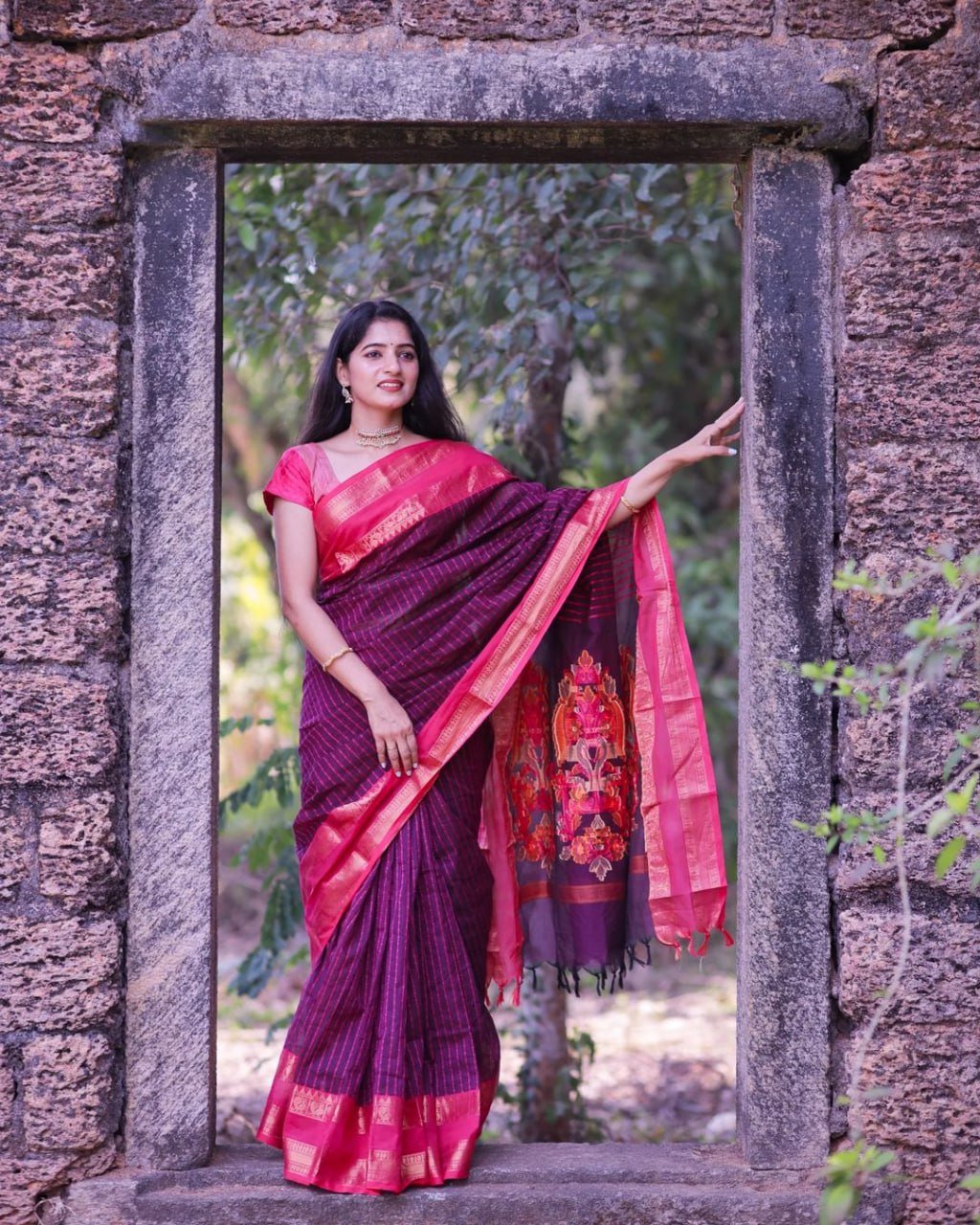 Pink And Purple Banarasi Soft Silk Saree