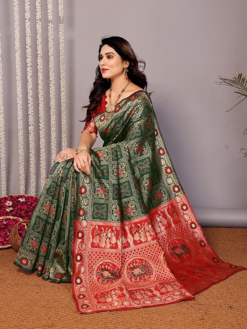 Leaf Green And Red Banarasi Soft Silk Saree